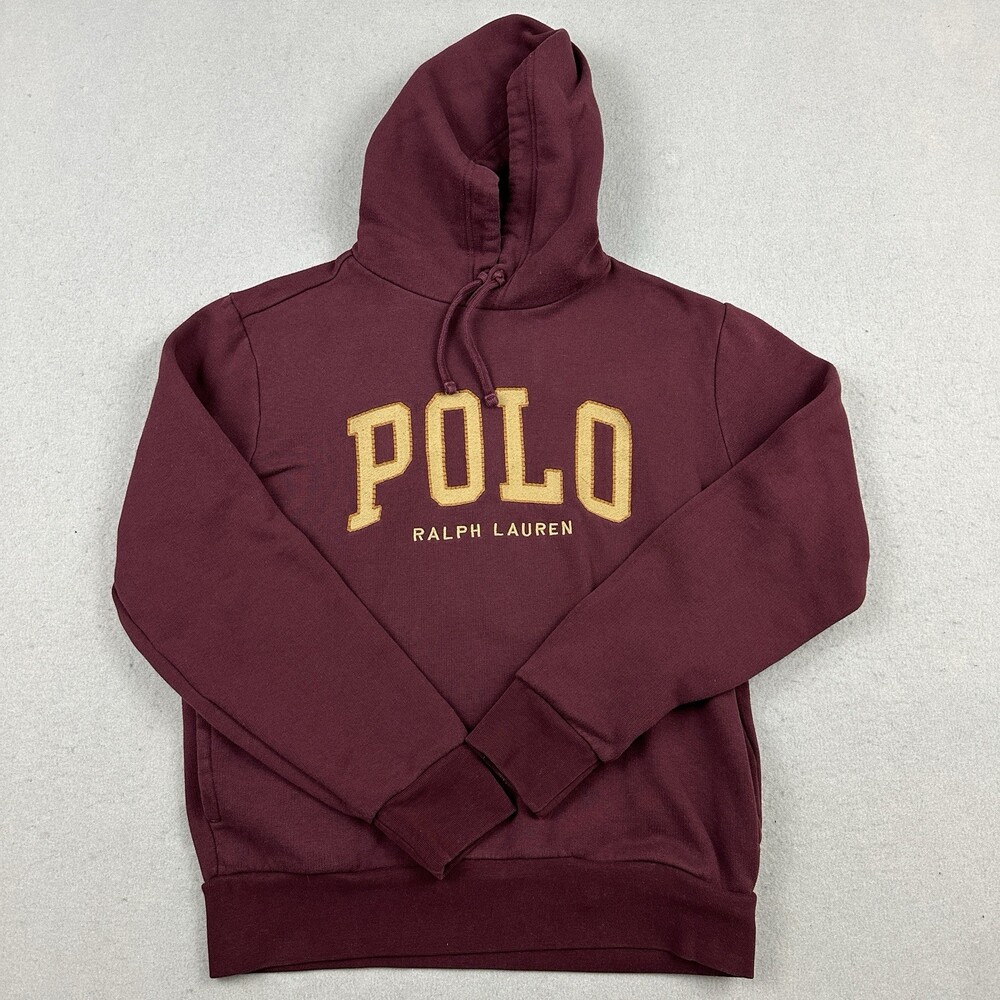 Polo Ralph Lauren Hoodie Men Small Burgundy Solid Spell Out Pullover Sweatshirt
